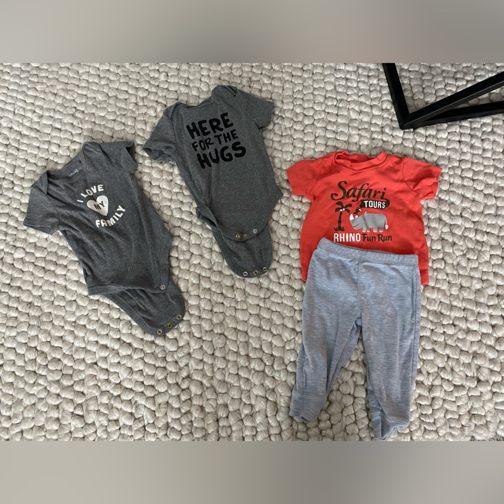 2 jumping beans grey onesies, Caters set tshirt and pant set. All size 9 months.
